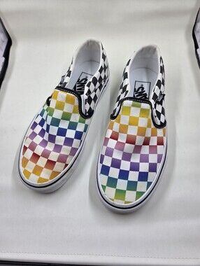 Vans Slip-On Checkerboard Sneakers in Rainbow, Black and White